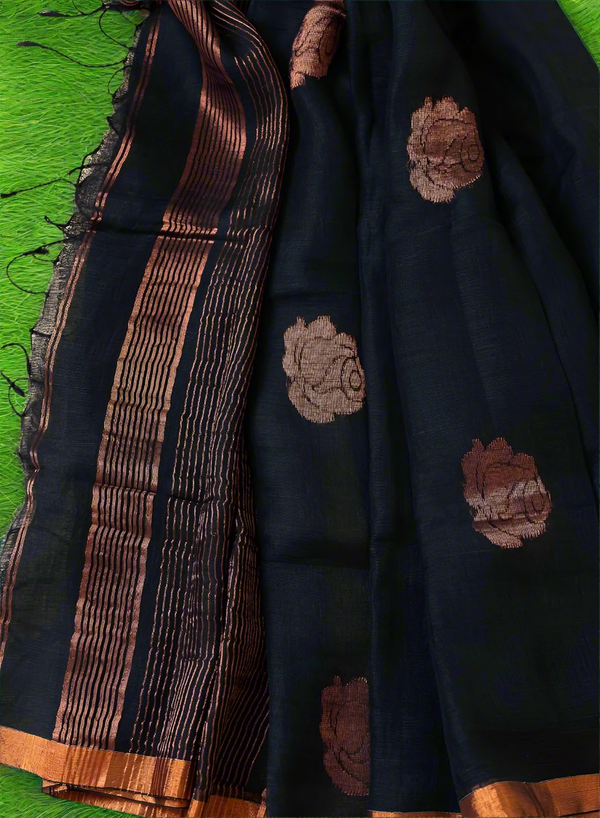 COPPER ZARI ROSE MOTIF BLACK LINEN SAREE