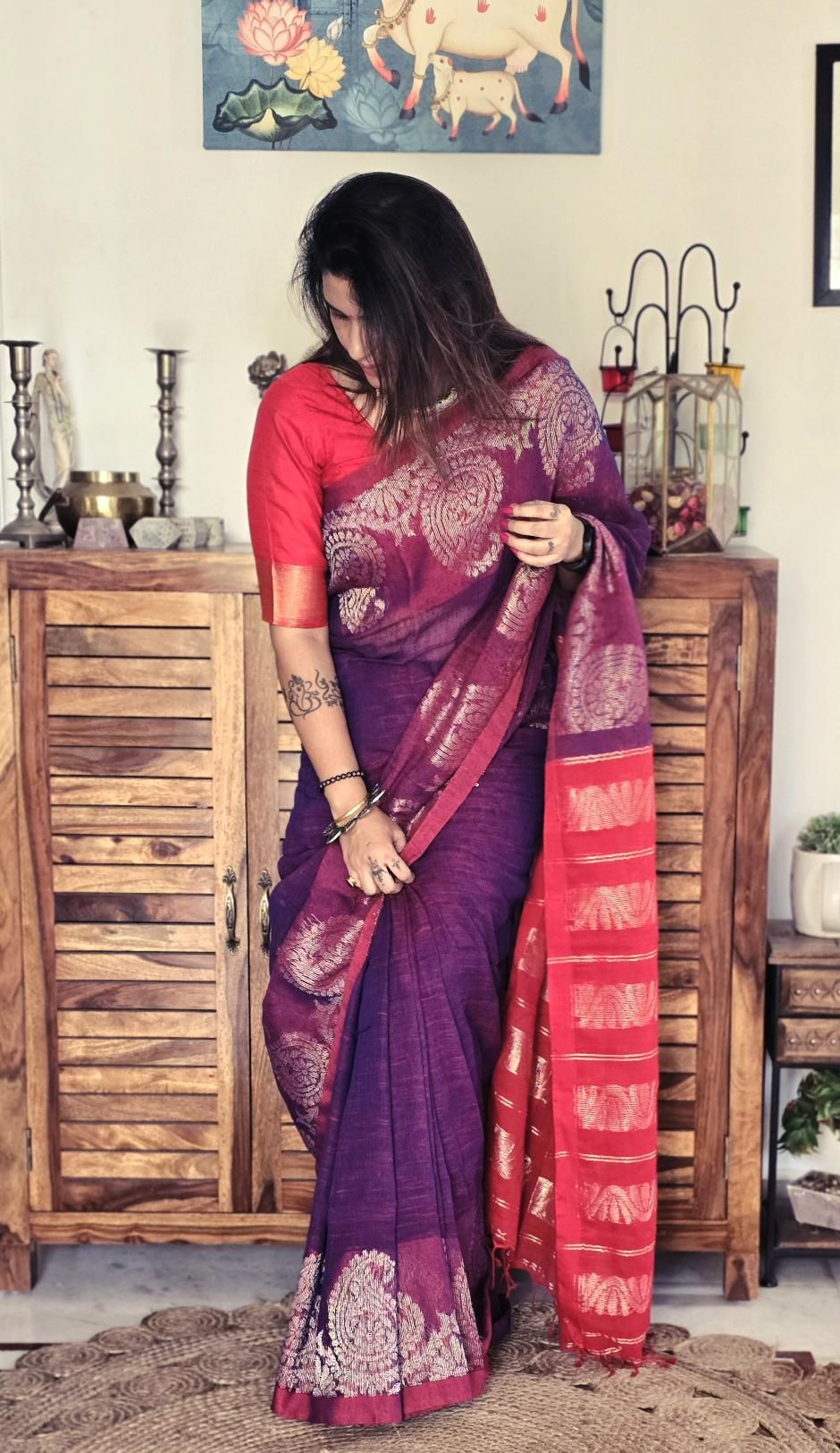 BANARASI PURPLE AND RED LINEN SAREE