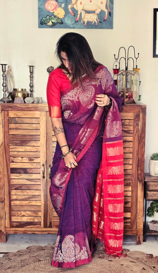 BANARASI PURPLE AND RED LINEN SAREE