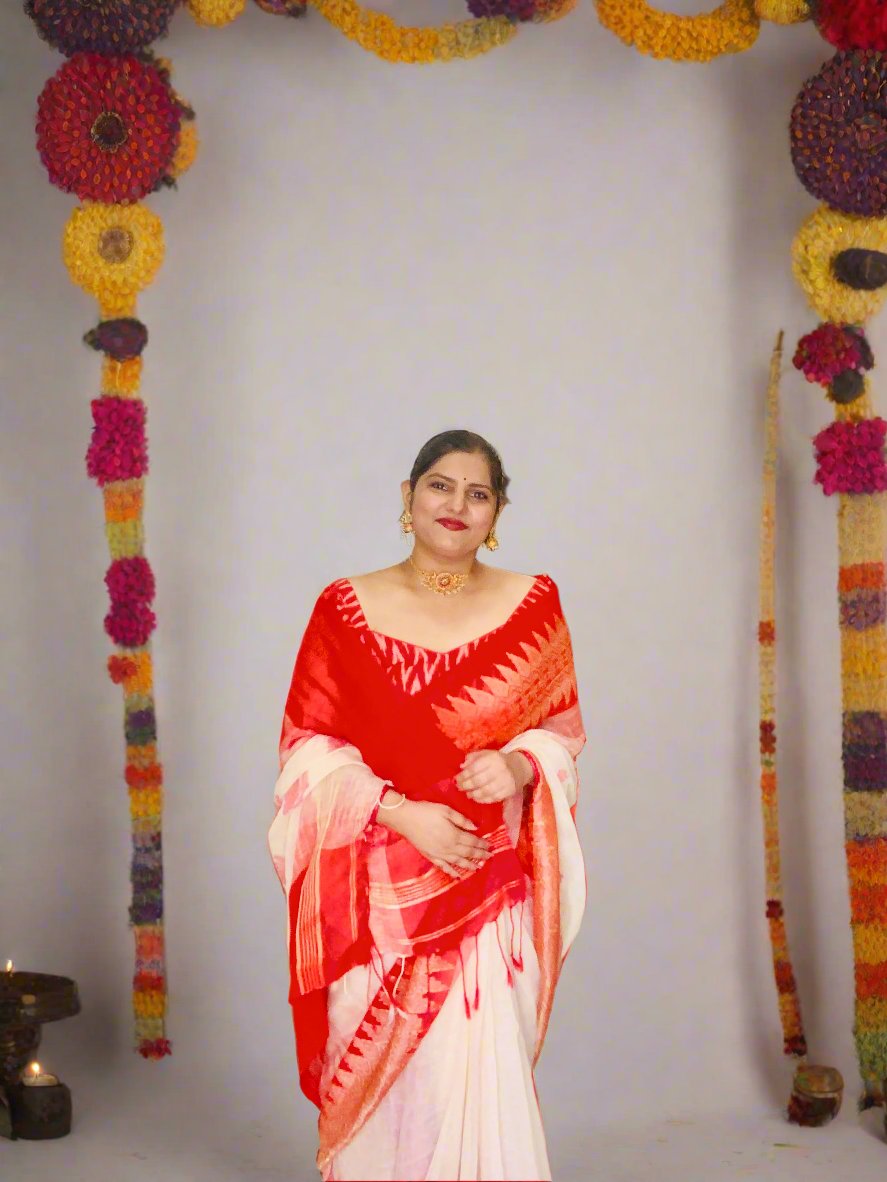 MYSTIC IKKAT RED AND WHITE LINEN SAREE