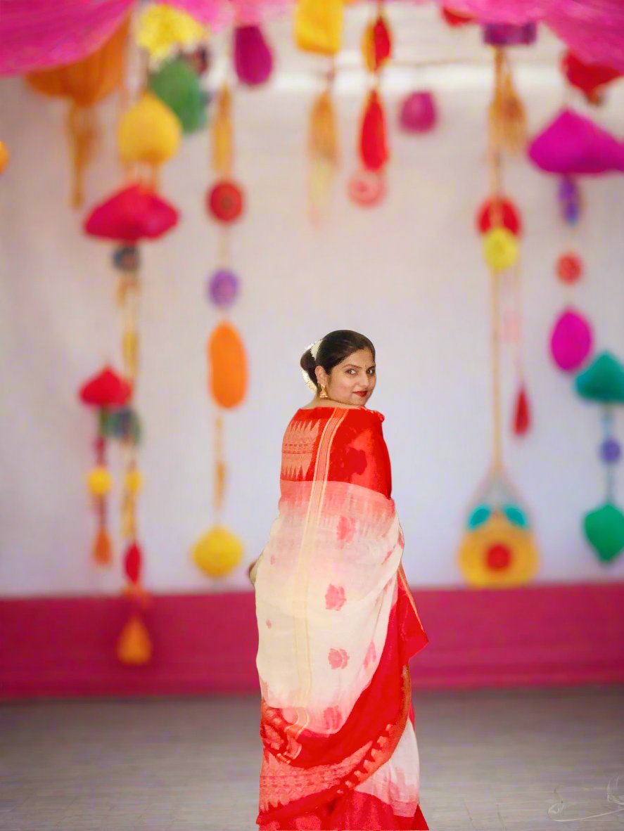 MYSTIC IKKAT RED AND WHITE LINEN SAREE