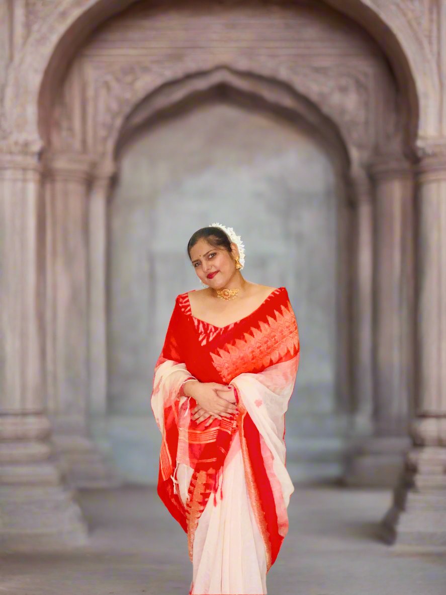 MYSTIC IKKAT RED AND WHITE LINEN SAREE