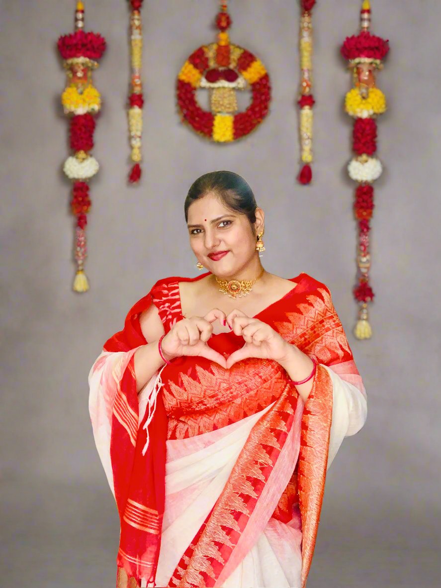 MYSTIC IKKAT RED AND WHITE LINEN SAREE